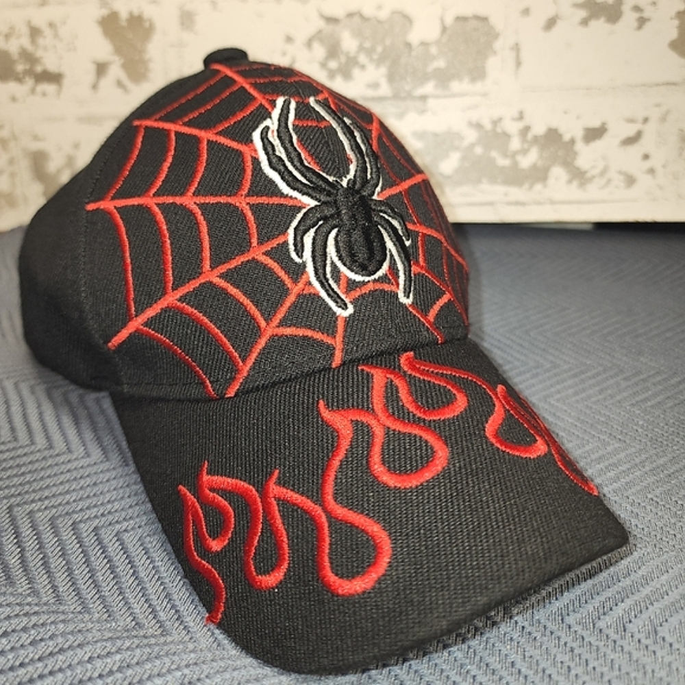 Black Cap with Red Spider Web and Flames Kids Baseball Hat Embroidered Outdoor